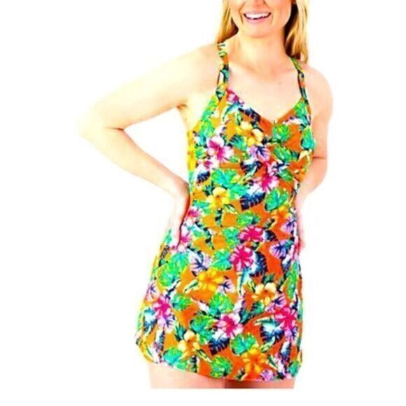 NWT Denim & Co Women’s One Piece Orange Floral Swim Dreaa - Size 2 - Picture 1 of 6